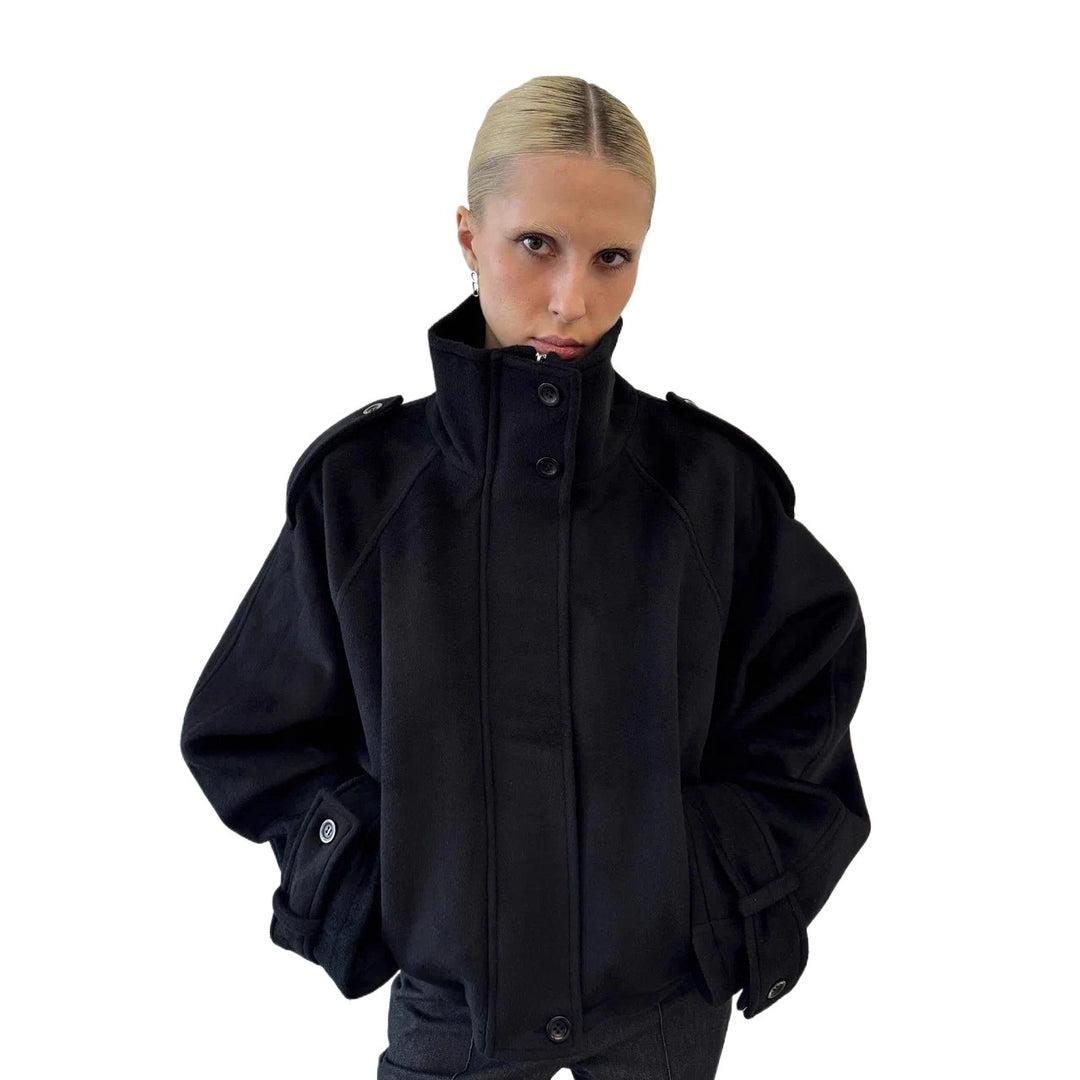 Damen Oversized Woll-Cropped-Jacke mit hohem Stehkragen und Ballonärmeln Drune