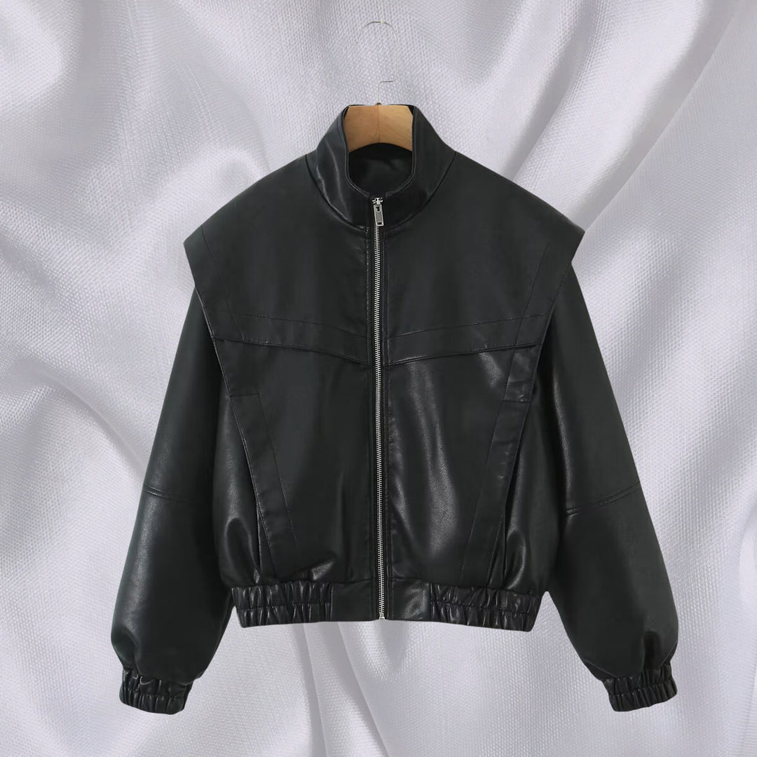 Damen elegante Kunstlederjacke mit hohem Kragen Drune