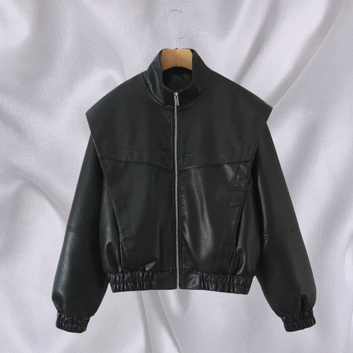 Damen elegante Kunstlederjacke mit hohem Kragen Drune