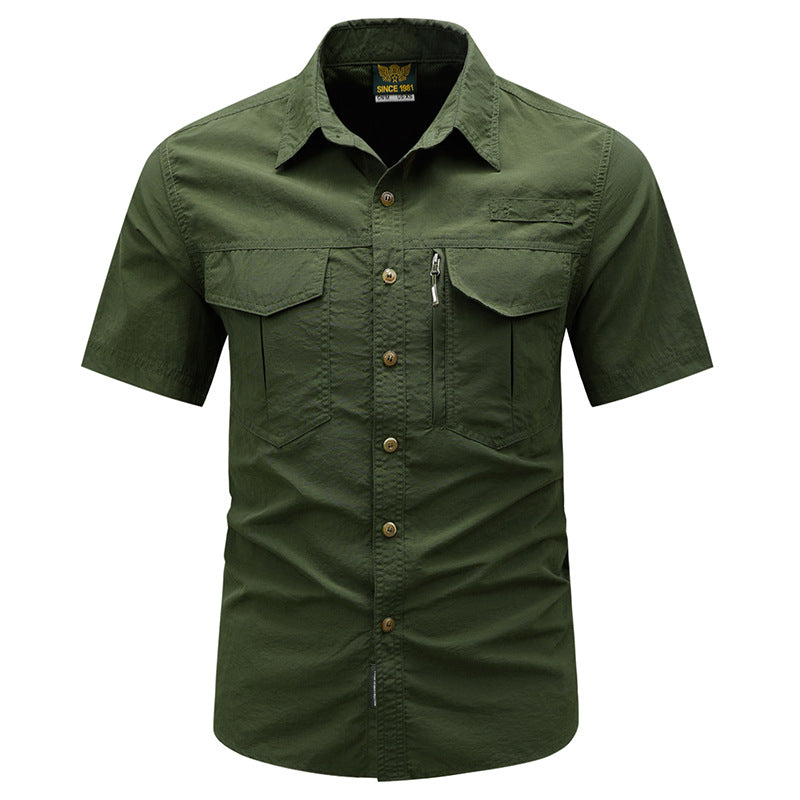 Men's  tactical short sleeve button shirt with dual flap chest pockets and discreet zip utility pocket Drune
