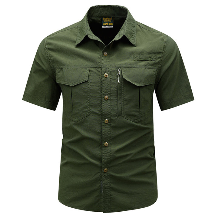 Men's  tactical short sleeve button shirt with dual flap chest pockets and discreet zip utility pocket Drune