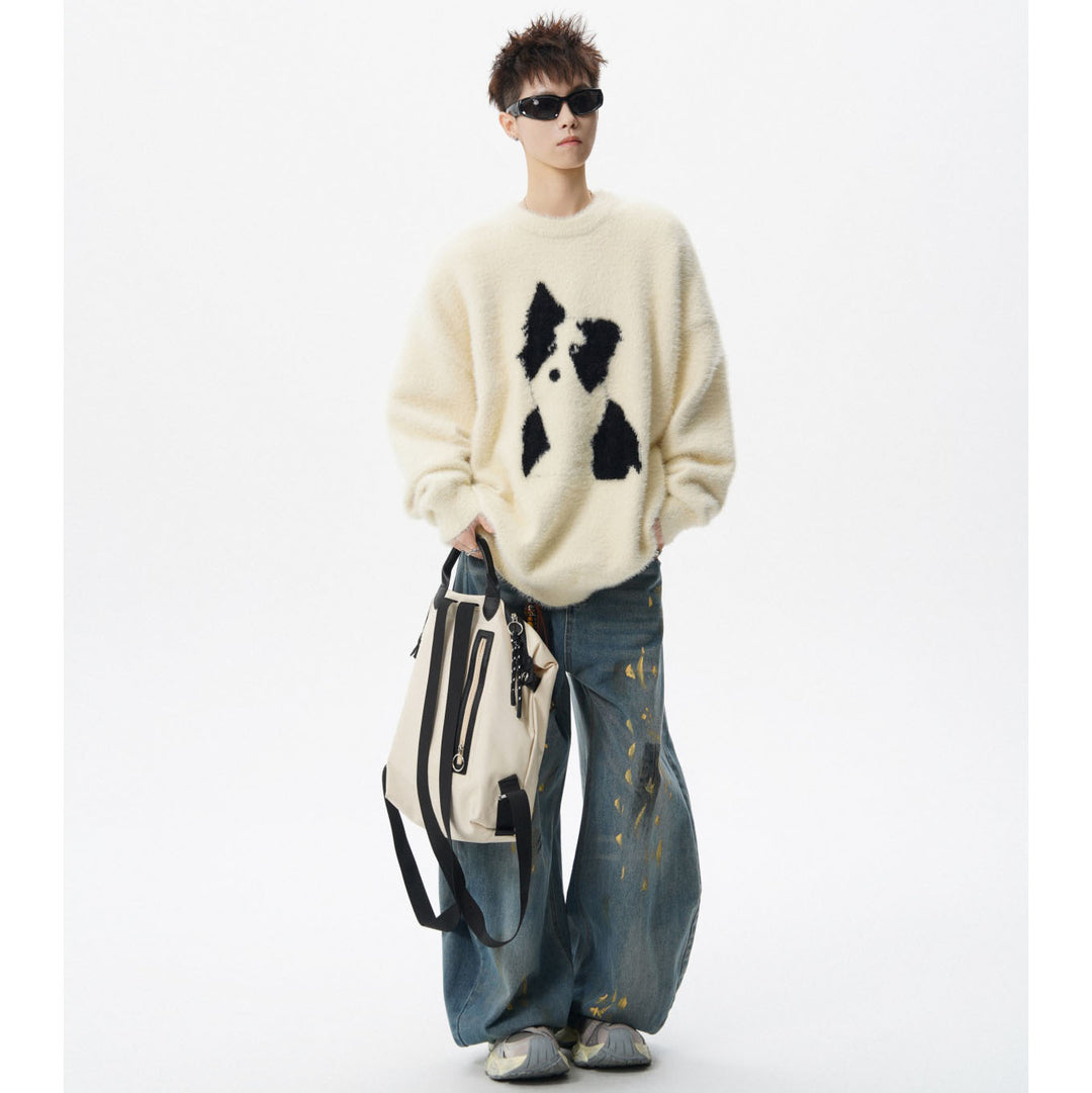 Damen Gemütlicher Grobstrickpullover mit Hundemotiv Drune