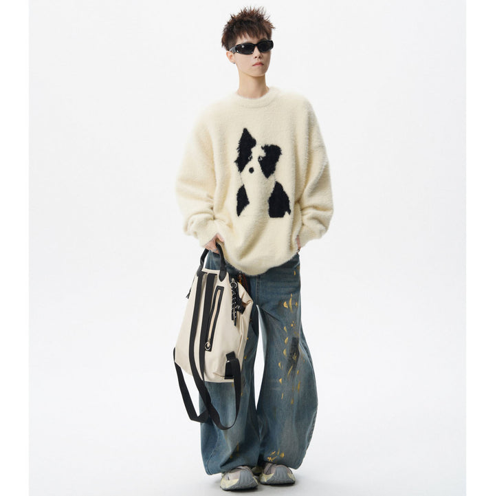 Damen Gemütlicher Grobstrickpullover mit Hundemotiv Drune