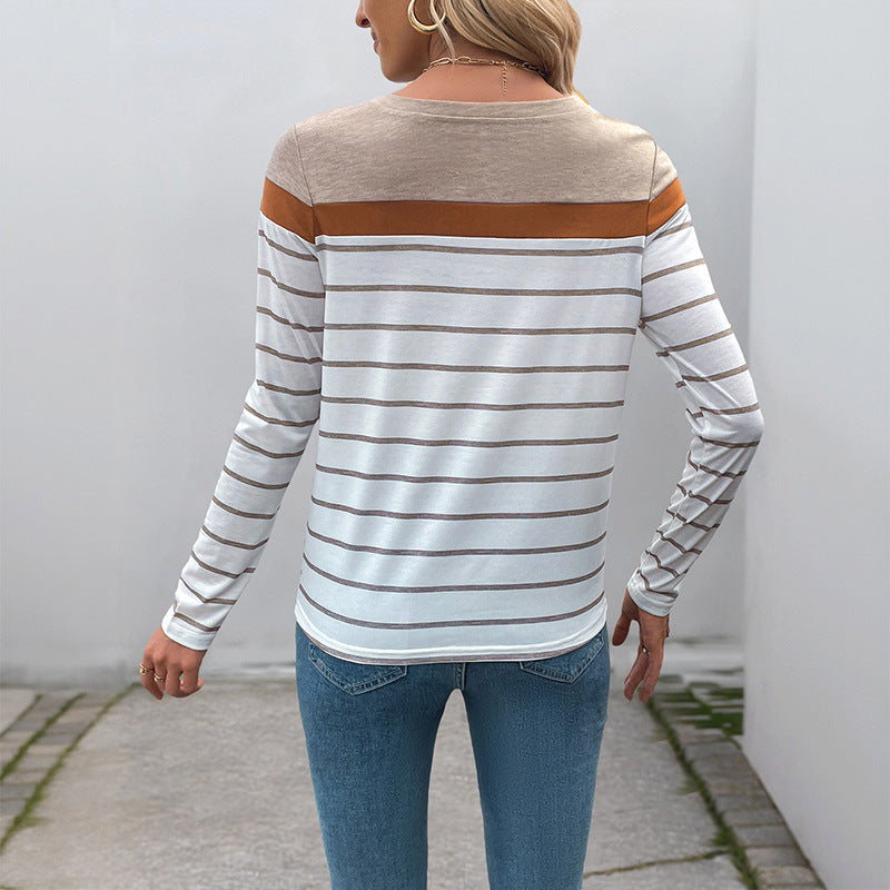 Damen Modisches Langarmshirt mit Streifen und Kontrastnähten Drune