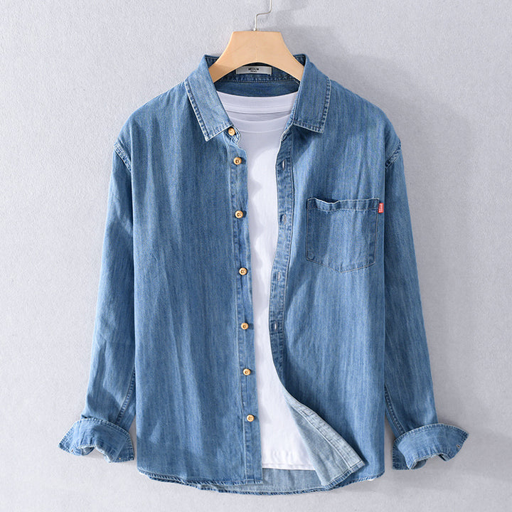 Herren Leichtes Denim-Hemd im Relaxed‑Fit mit Brusttasche und Holzknopfleiste Drune