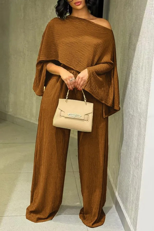 Damen Zweiteiliges Strukturiertes Loungewear‑Set mit Cropped‑Capeoberteil und Maxirock mit Seitenschlitz Drune