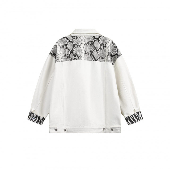 Damen Oversize-Jeansjacke im Patchwork-Tierprint mit Reverskragen und Pattentaschen Drune