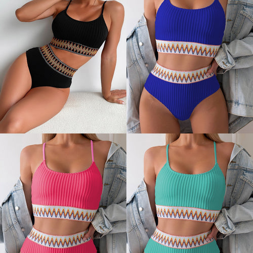 Damen Bikini-Set mit figurbetonendem Rippenmuster und buntem Elastikbund Drune