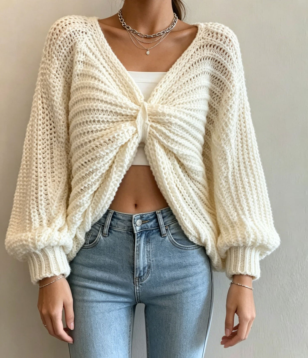 Damen Cropped Strickcardigan mit Knotendetail und Ballonärmeln Drune