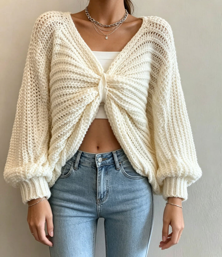 Damen Cropped Strickcardigan mit Knotendetail und Ballonärmeln Drune