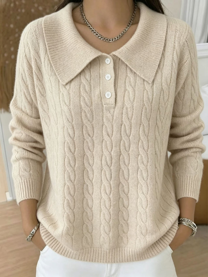 Damen Kabelstrick-Polo-Pullover mit großem Umlegekragen und lockerer Silhouette Drune
