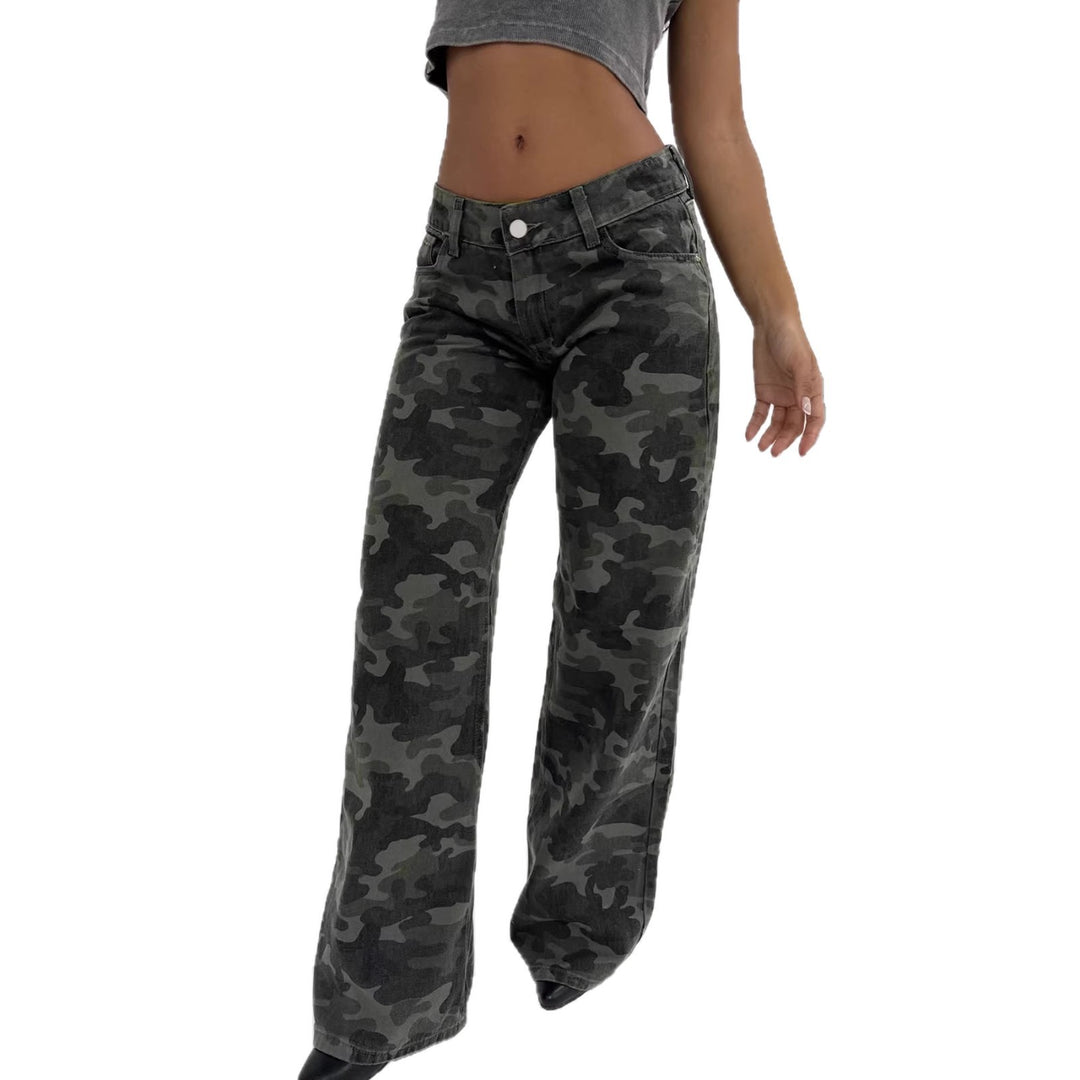 Damen Camouflage-Denim Schlaghose mit hoher Taille und weitem Bein Drune