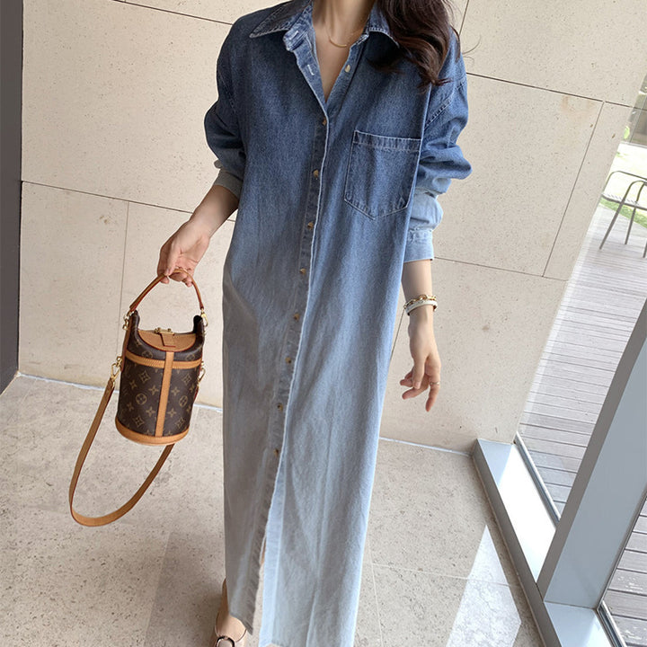 Damen Verlaufs-Jeans-Hemdkleid Maxi mit durchgehender Knopfleiste, Brusttasche und Seitenschlitzen Drune