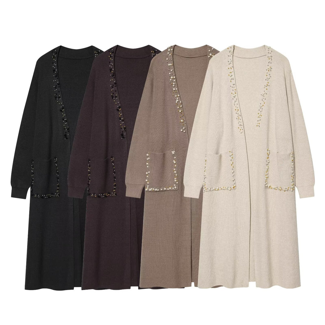 Damen langer Strickcardigan mit Perlenbesatz und aufgesetzten Taschen Drune