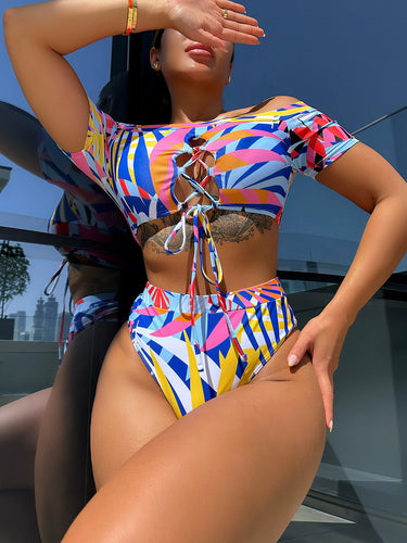 Damen modisches Bikini-Set mit kreativem Schnitt und buntem geometrischem Design Drune