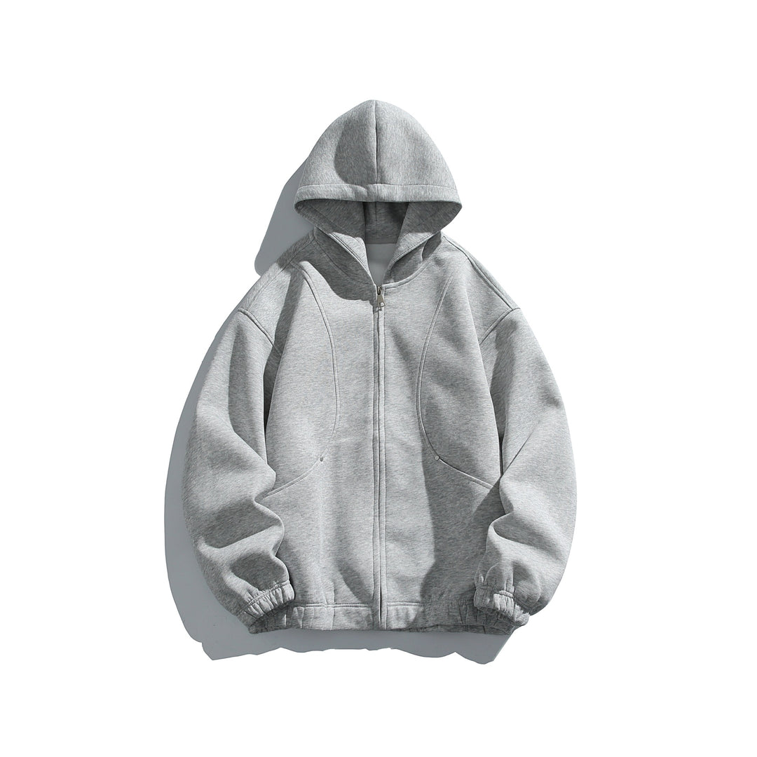 Unisex Kapuzenjacke mit durchgehendem Reißverschluss, strukturierter Neopren‑Optik und Kugelfalten-Details Drune