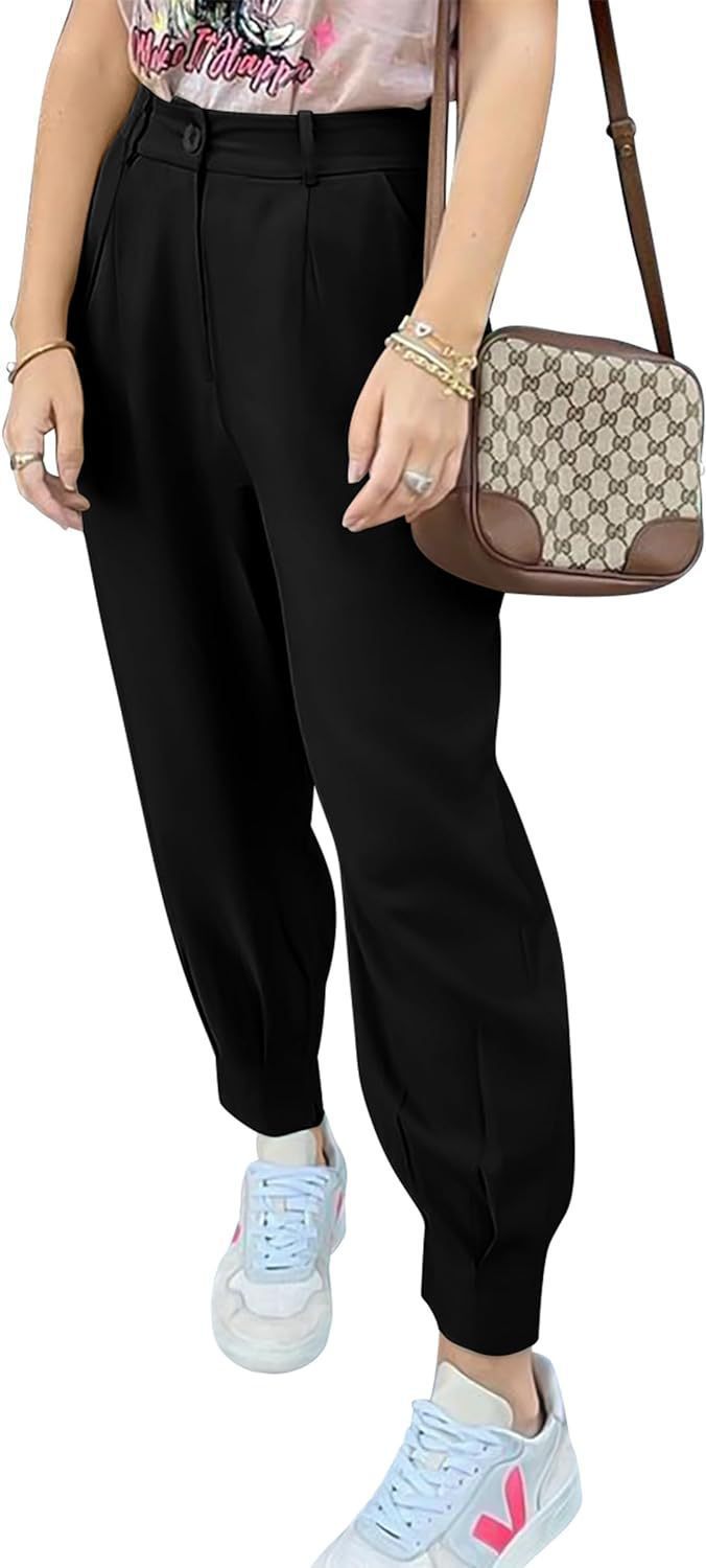 Damen elegante und modische High-Waist Hose mit Falten und seitlichen Taschen Drune