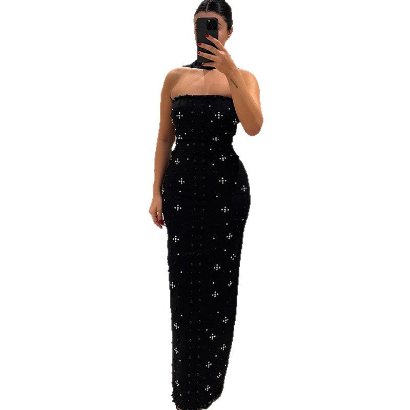 Damen Couture Maxikleid mit schimmernden Pailletten und strapless Design Drune