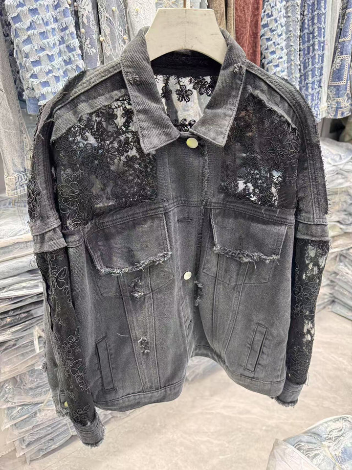 Damen Denimjacke mit transparenter Spitzenverzierung Drune