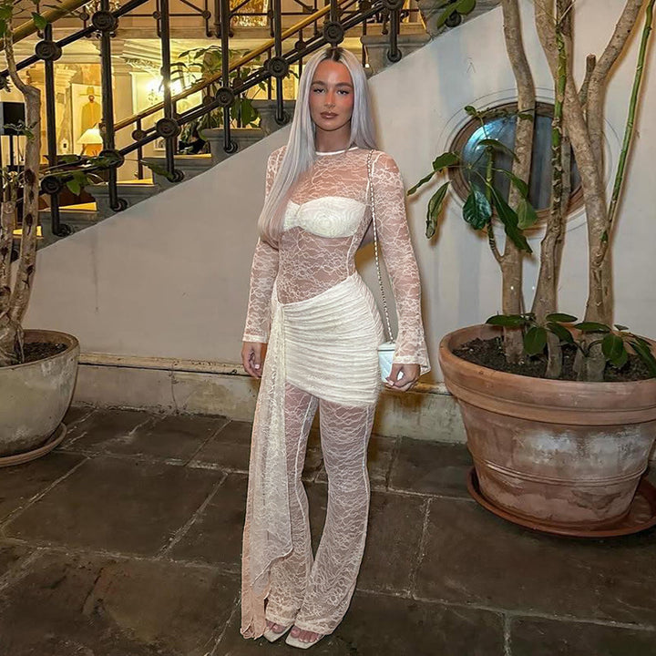 Damen Eleganter Overall aus Spitze mit langen Ärmeln Drune