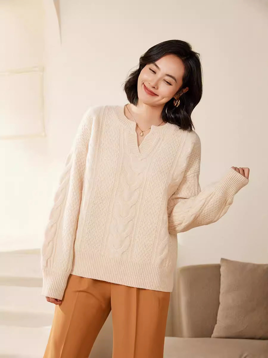 Damen Oversize Zopfstrick-Pullover mit V‑Einsatz und kaschmirähnlicher Weichheit Drune