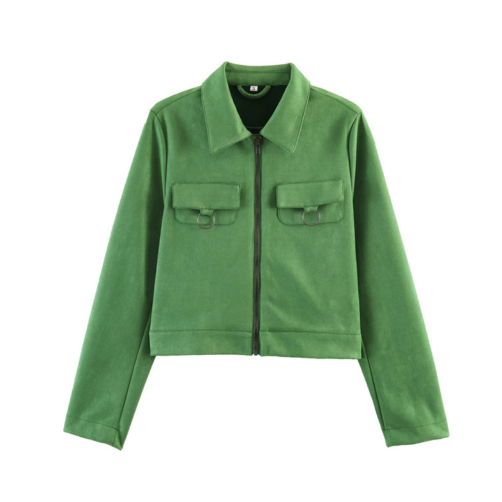 Damen Kurzjacke im Utility-Stil aus Veloursleder-Optik mit Brusttaschen und Metallringen Drune