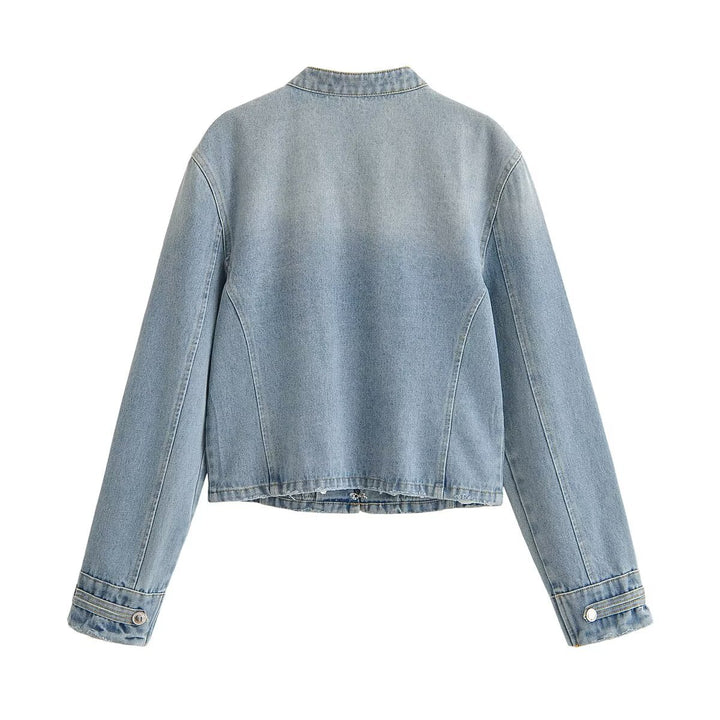 Damen Kurze Jeansjacke mit militärischer Paspelierung und dekorativen Metallknöpfen Drune