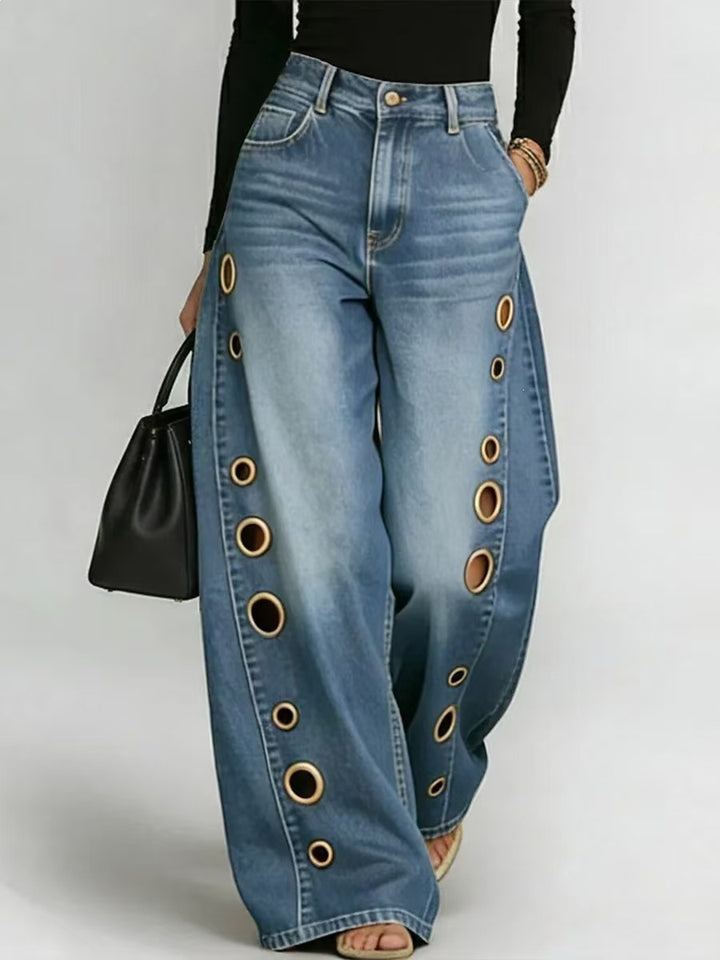 Damen Weit geschnittene Jeans mit dekorativen Ösen und hohem Bund Drune
