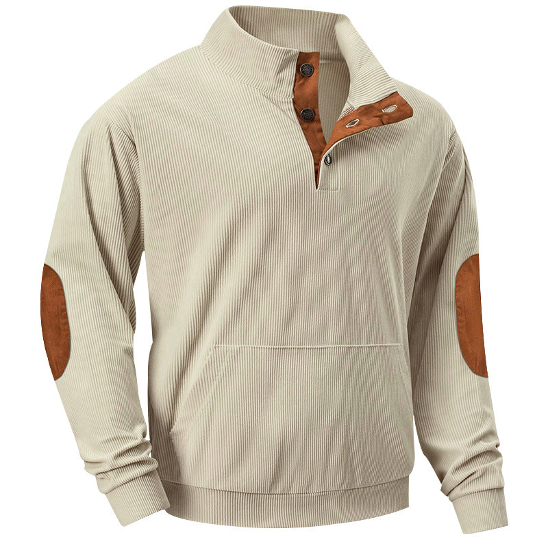 Herren nan geripptes Stehkragen-Pullover mit Knopfleiste, Kängurutasche und Wildleder-Ellenbogenpatches Drune