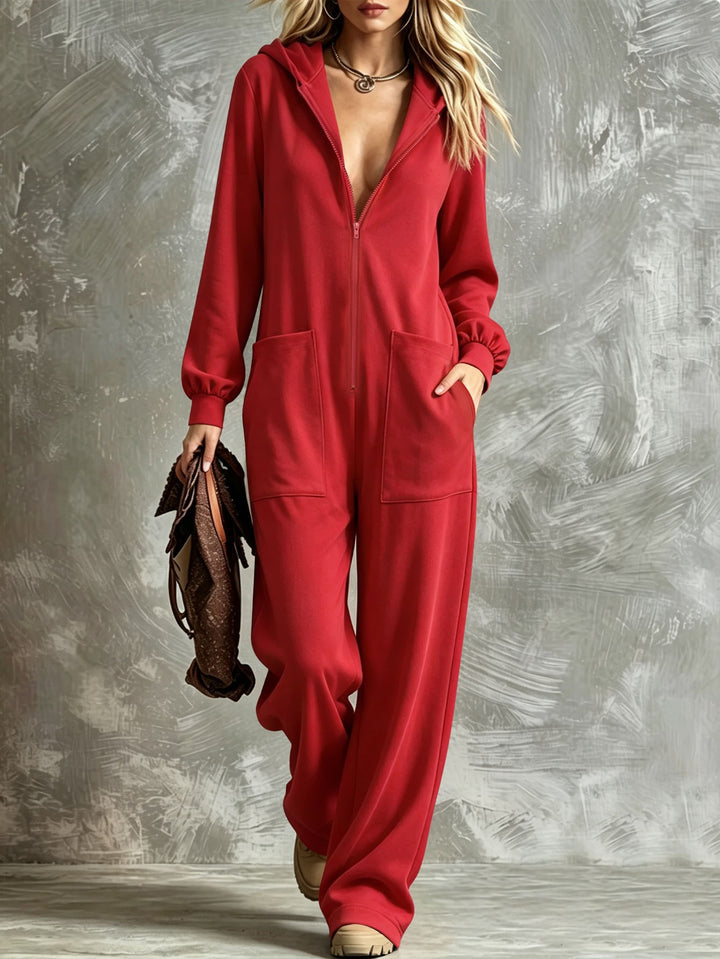Damen Zip‑Hoodie‑Jumpsuit mit Kapuze, Kängurutaschen und weitem Bein Drune