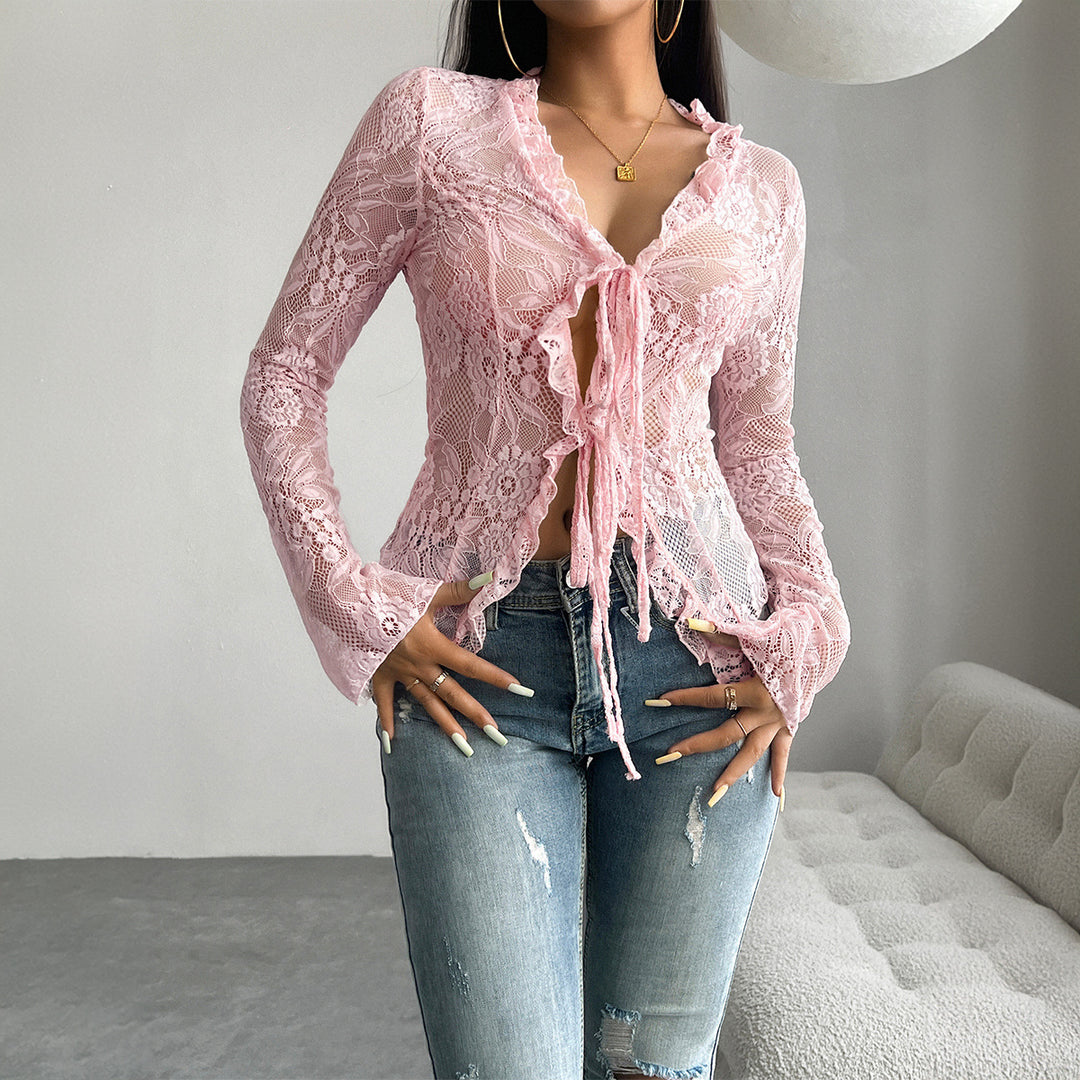 Damen Spitzenbluse mit Rüschendetails und tailliertem Schnitt Drune