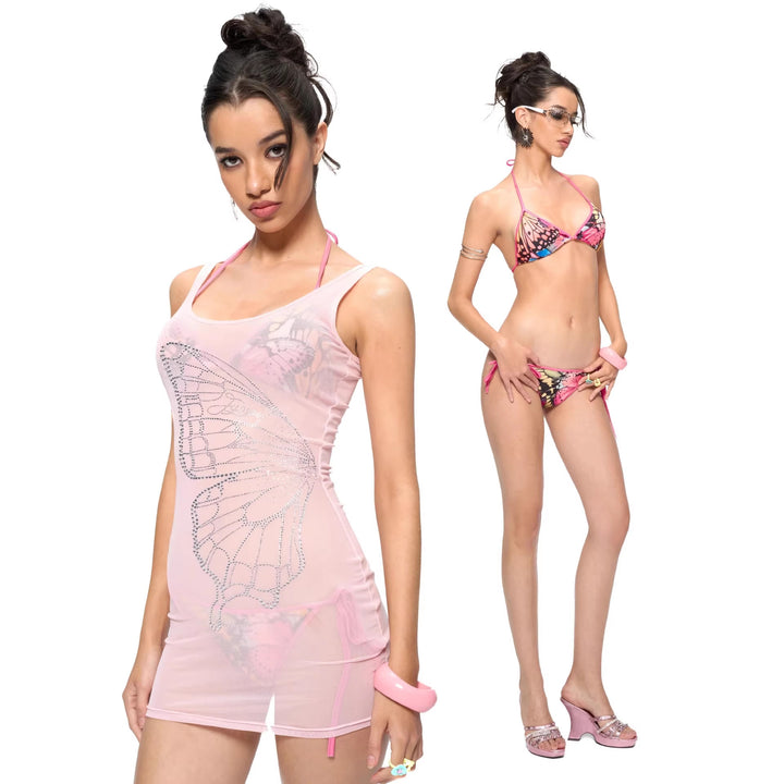 Damen Figurformendes Minikleid mit Schmetterlingsmotiv und Glitzersteinen Drune