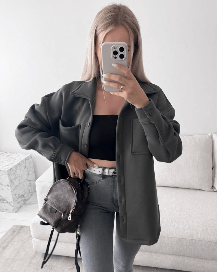 Damen Oversized Hemdjacke Shacket aus weichem Wollmix mit aufgesetzten Brusttaschen Drune