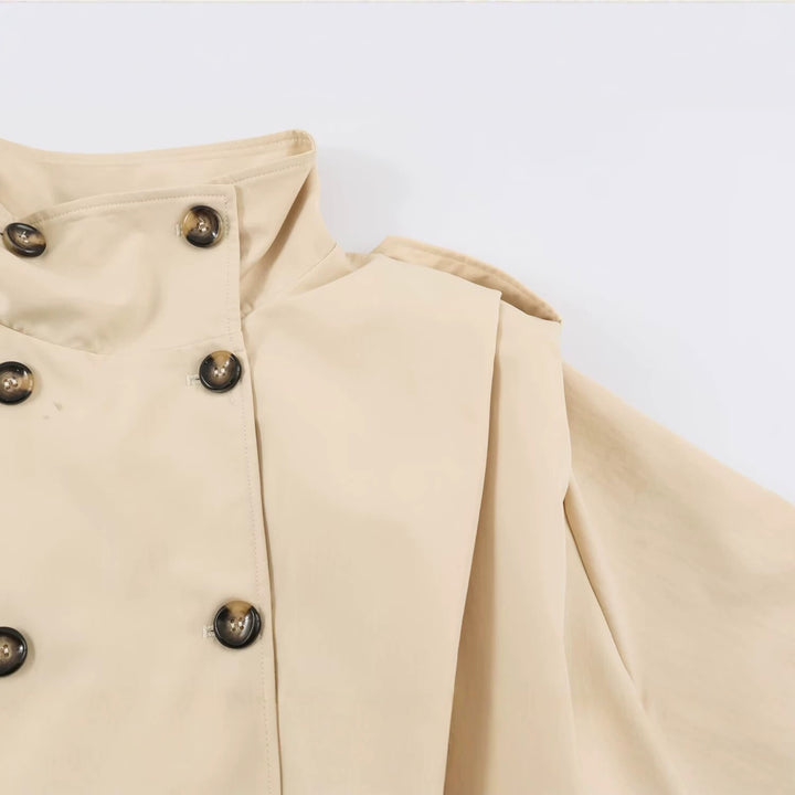 Damen Cropped-Trenchjacke im Blousonstil mit Stehkragen und doppelreihiger Knopfleiste Drune