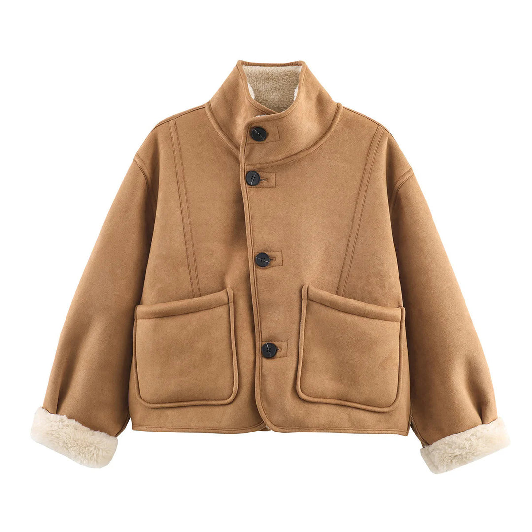 Damen nan kurze Lammfelloptik Jacke mit Stehkragen, weichem Teddyfutter und großzügigen aufgesetzten Taschen Drune