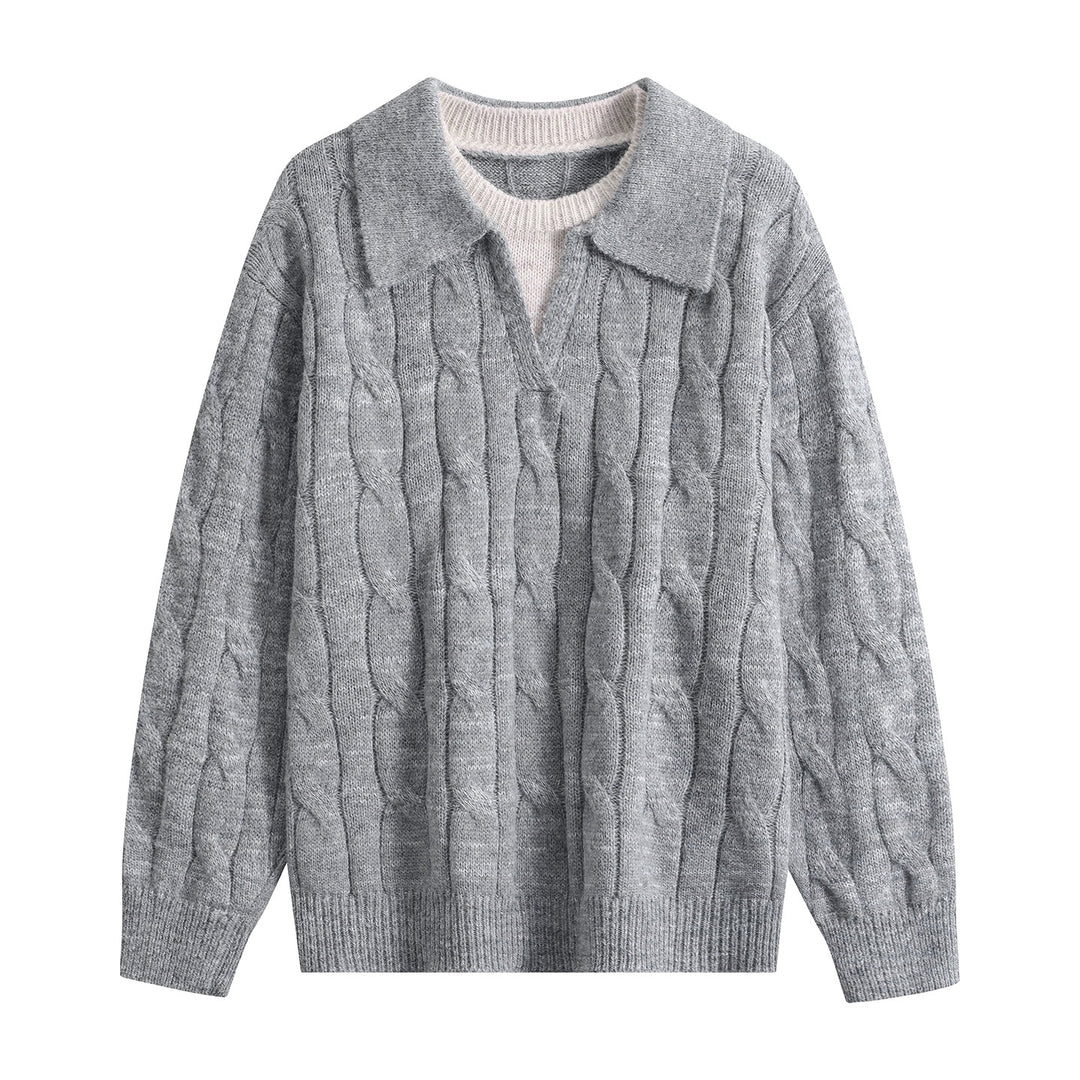 Damen Oversize Grobstrick-Pullover mit Polokragen und Zopfmuster Drune
