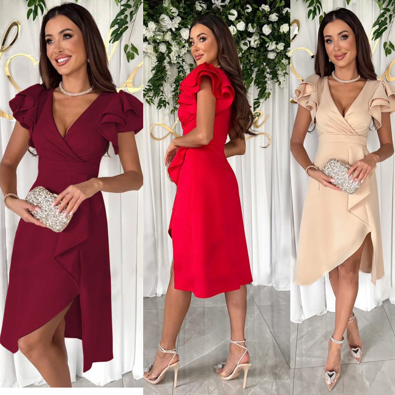 Damen Elegantes Wickelkleid mit Rüschendetails Drune
