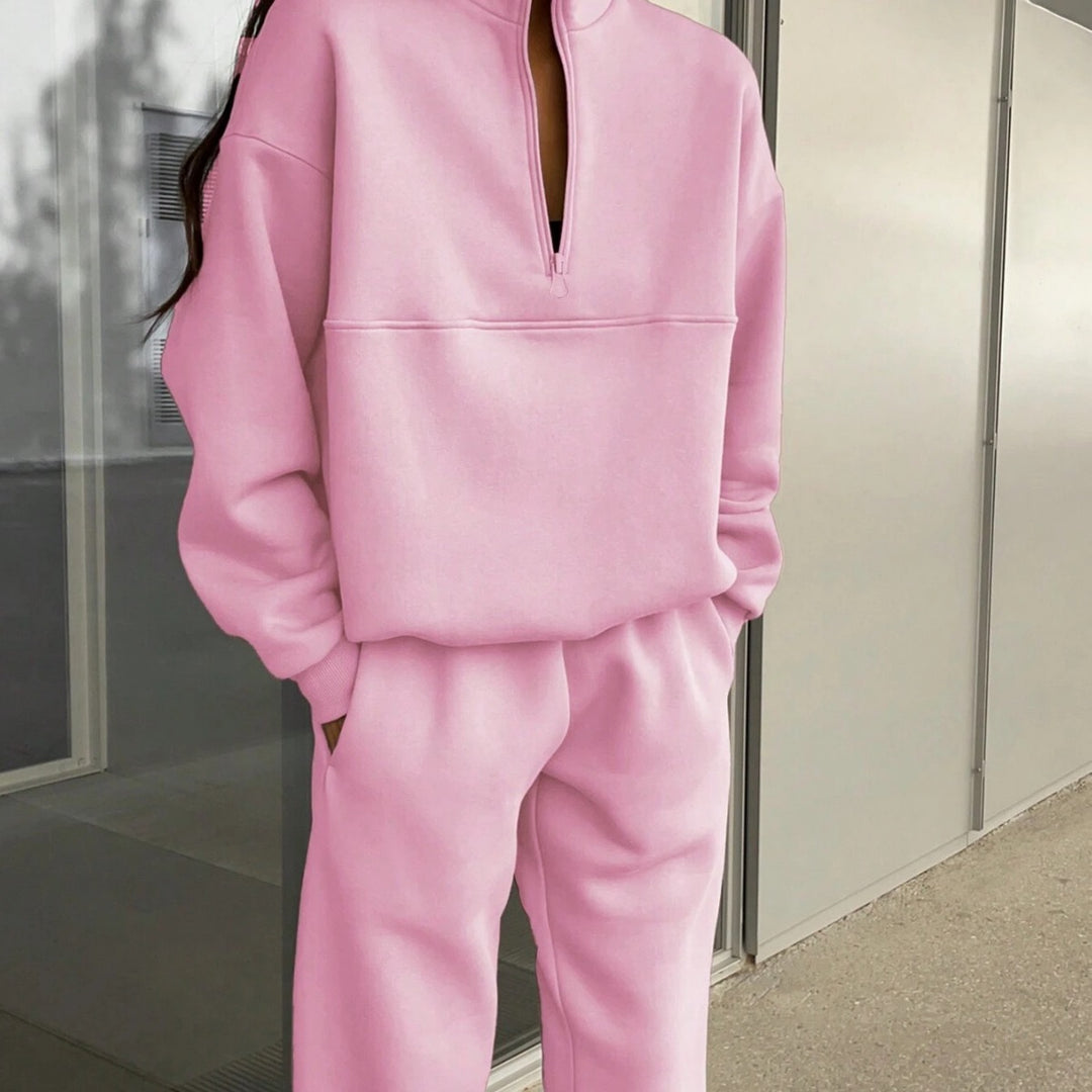 Damen Oversized Half-Zip Lounge-Set aus French-Terry mit hohem Stehkragen Drune