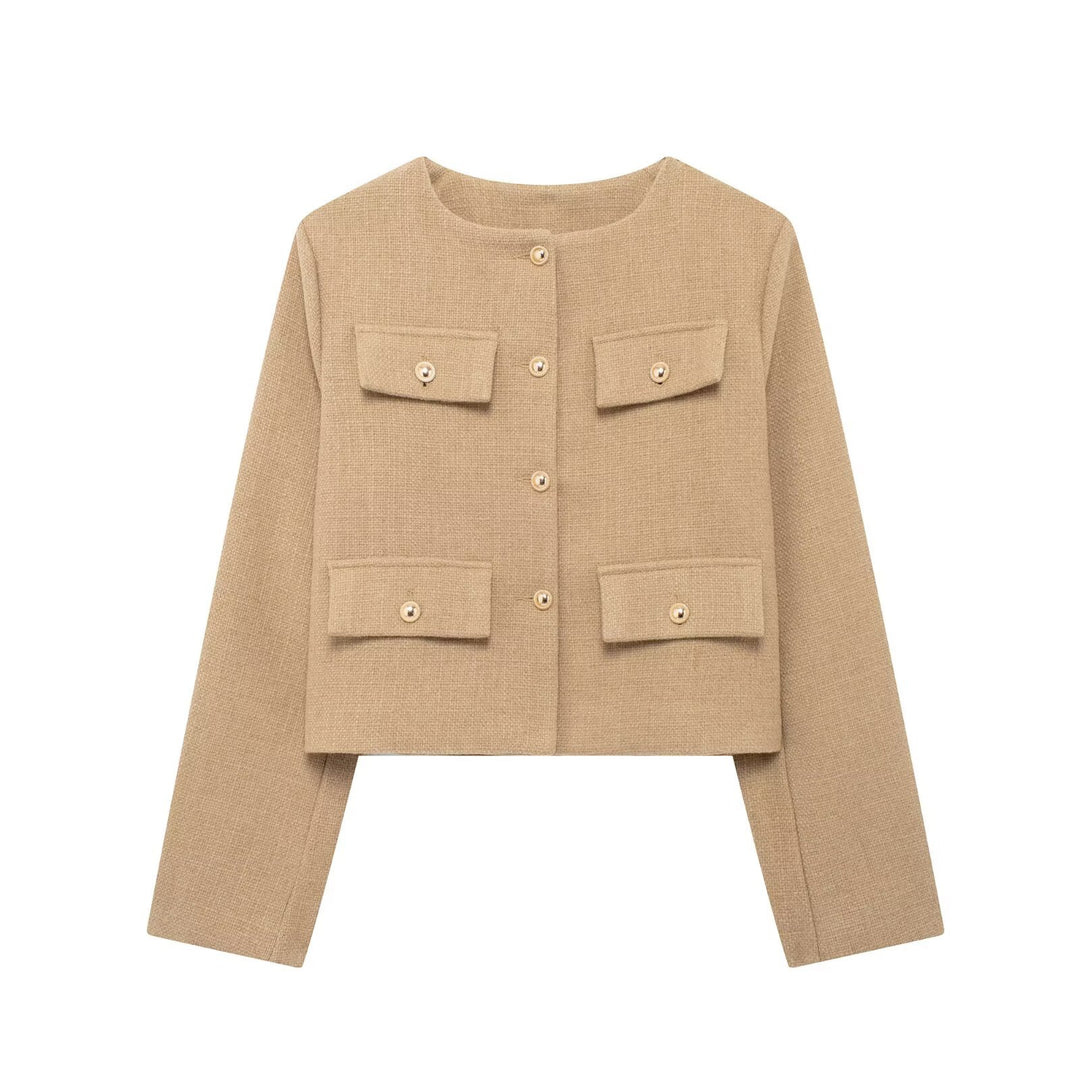 Damen Bouclé-Cropped-Jacke mit vier Pattentaschen und goldenen Schmuckknöpfen Drune