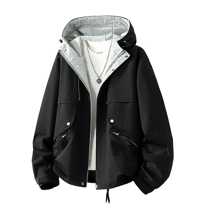 Unisex leichte windabweisende Übergangsjacke mit verstellbarer Kapuze, Kordelzug und Reißverschlusstaschen Drune