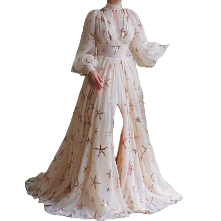 Damen Abendkleid mit funkelndem Paillettenbesatz und elegantem Kragen Drune