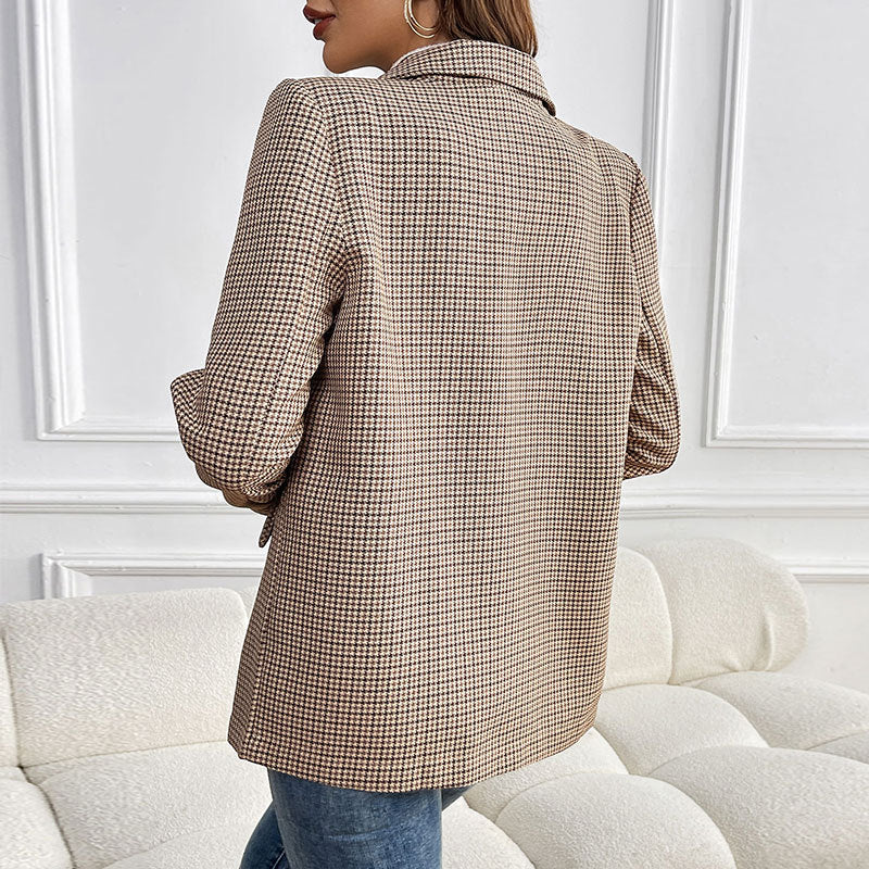 Damen Oversize Hahnentritt-Blazer mit Reverskragen und Pattentaschen Drune