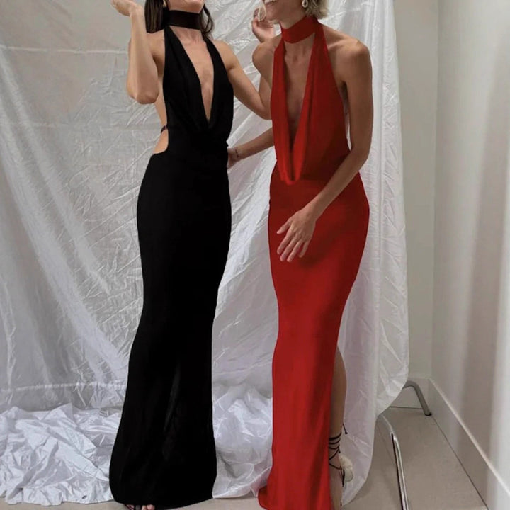 Damen Maxikleid mit elegantem Wasserfallausschnitt und figurbetontem Design Drune