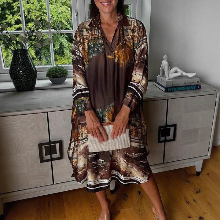 Damen nan Seidenoptik-Hemdkleid im Kaftanstil mit illustrativem Küstenprint Drune