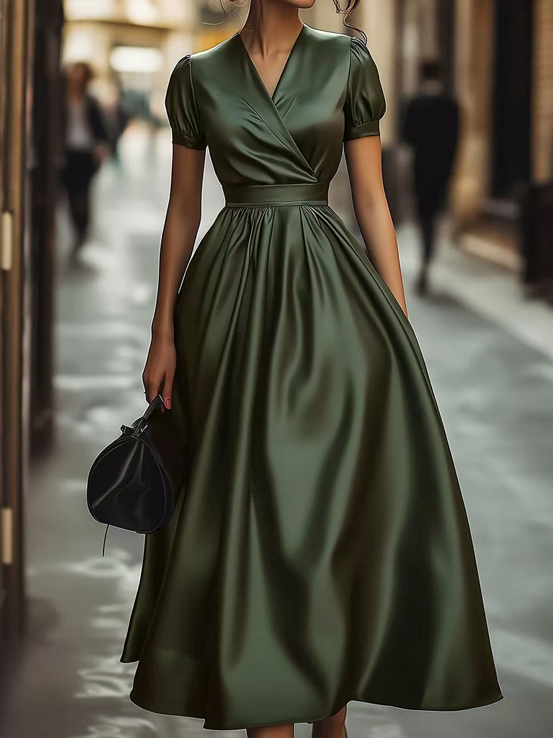 Damen Elegantes Maxikleid mit Wickeloptik und Puffärmeln Drune
