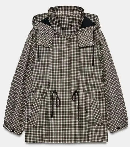Damen karierter Anorak mit Kapuze und Tunnelzug Drune