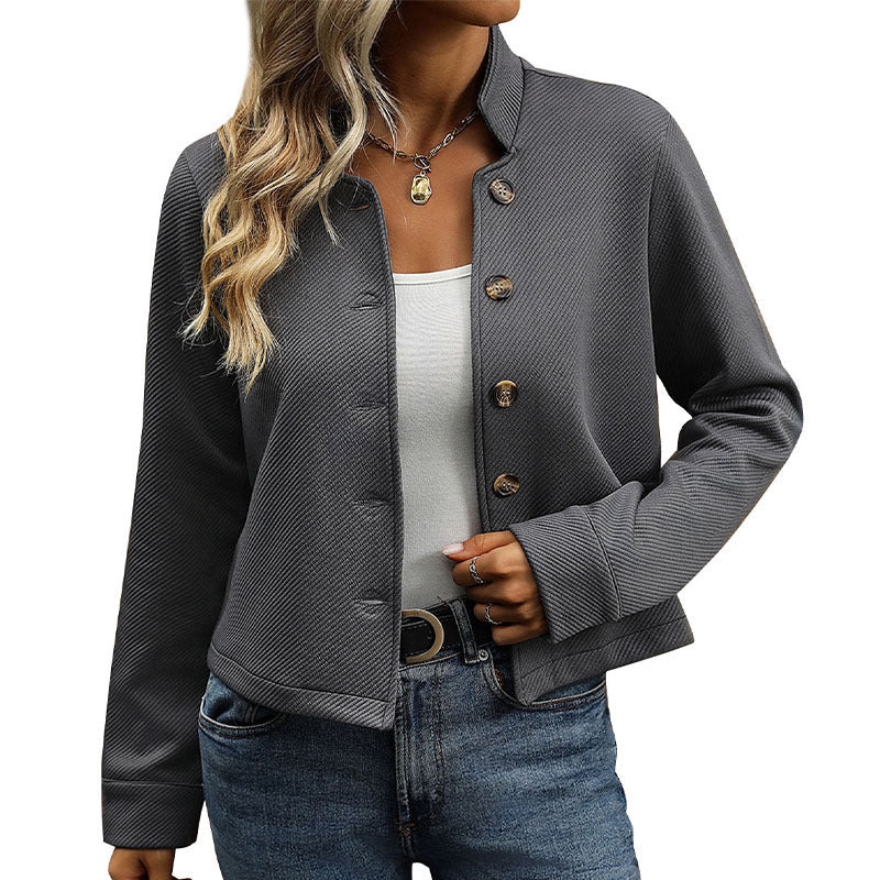 Damen Modische Kurzjacke mit Hochkragen und Knöpfen Drune