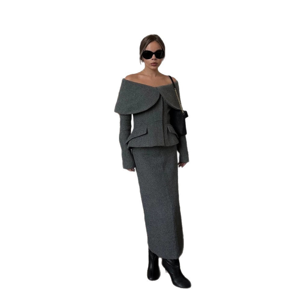 Damen Elegantes Bouclé-Set mit schulterfreiem Jackett und tailliertem Bleistiftrock Drune