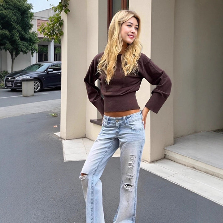 Damen Cropped Feinstrick-Pullover mit weiten Manschettenärmeln und tailliertem Rippbund Drune