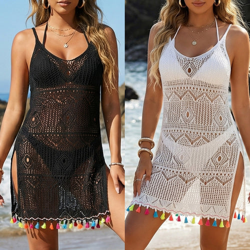 Damen Häkel-Strandkleid mit bunten Quasten Drune